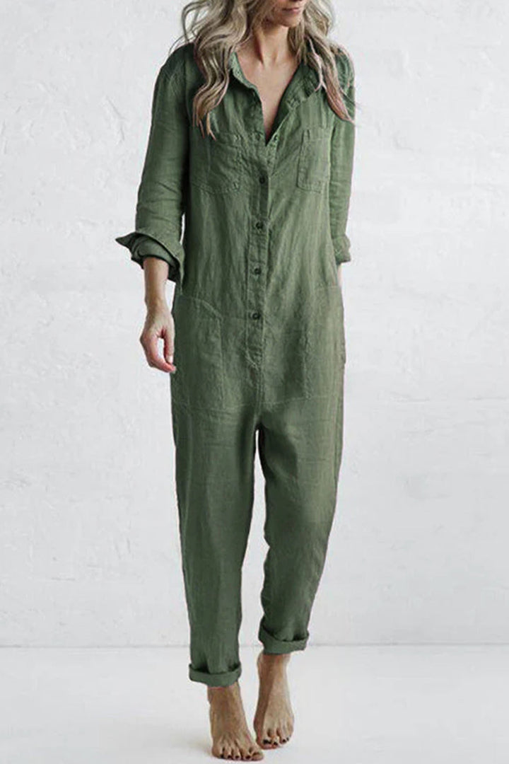 Romy – Katoenen Jumpsuit met Lange Mouwen en Knoopsluiting