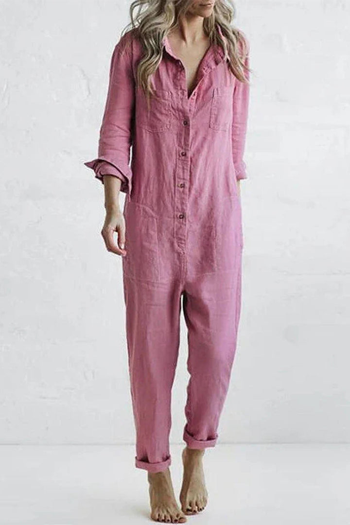 Romy – Katoenen Jumpsuit met Lange Mouwen en Knoopsluiting