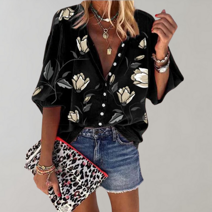 Romy Dames Zomerblouse – Casual blouse met bloemenpatroon en knoopsluiting