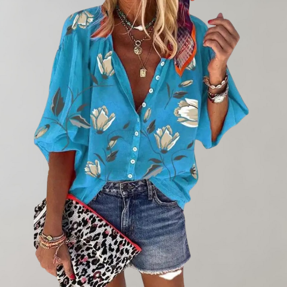 Romy Dames Zomerblouse – Casual blouse met bloemenpatroon en knoopsluiting