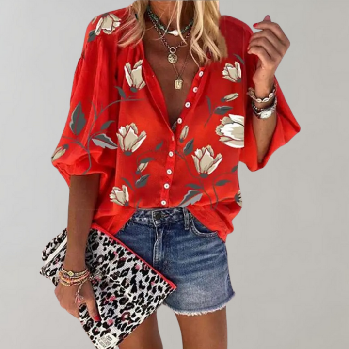 Romy Dames Zomerblouse – Casual blouse met bloemenpatroon en knoopsluiting