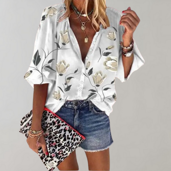 Romy Dames Zomerblouse – Casual blouse met bloemenpatroon en knoopsluiting