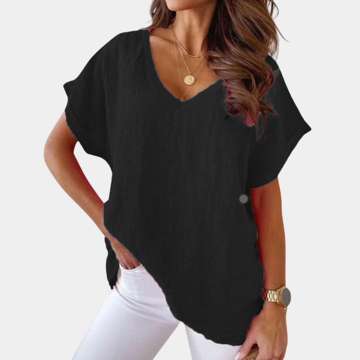 Nora | Zacht losvallend linnenmix zomer T-shirt voor dames met nonchalante V-hals