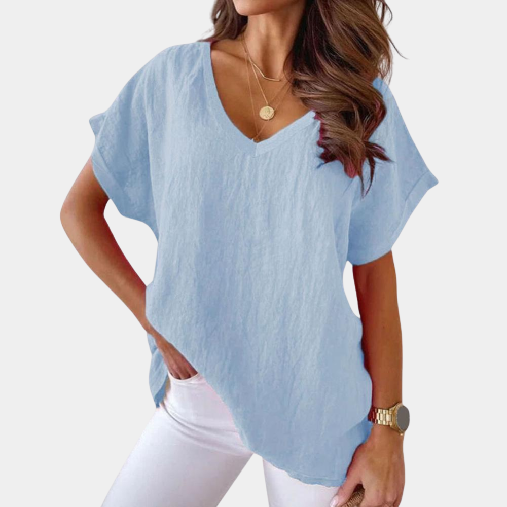 Nora | Zacht losvallend linnenmix zomer T-shirt voor dames met nonchalante V-hals
