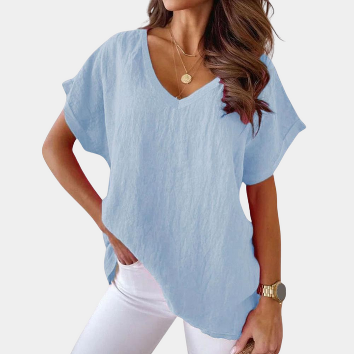 Nora | Zacht losvallend linnenmix zomer T-shirt voor dames met nonchalante V-hals