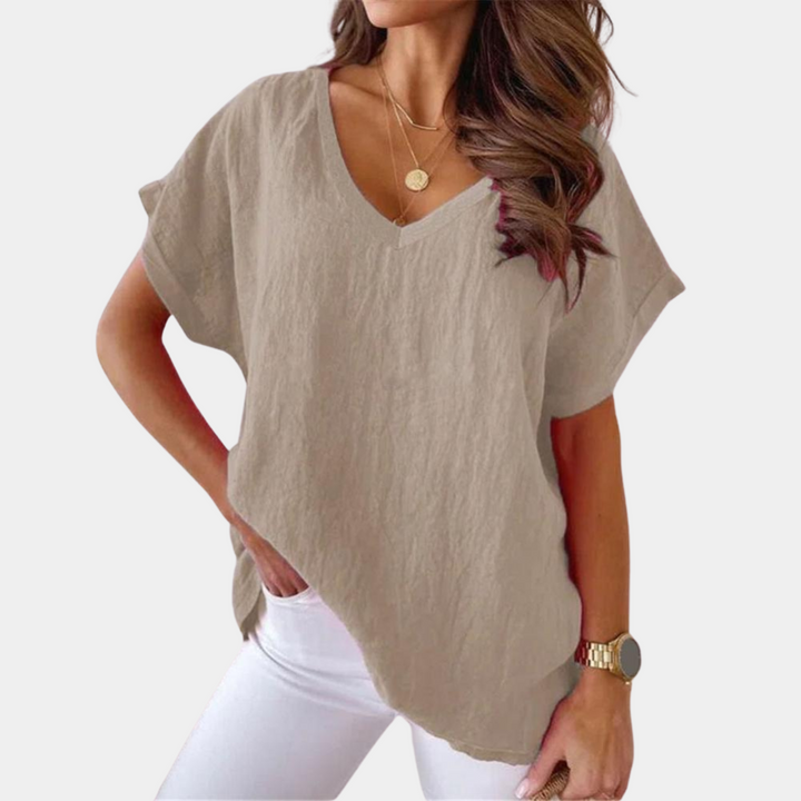 Nora | Zacht losvallend linnenmix zomer T-shirt voor dames met nonchalante V-hals