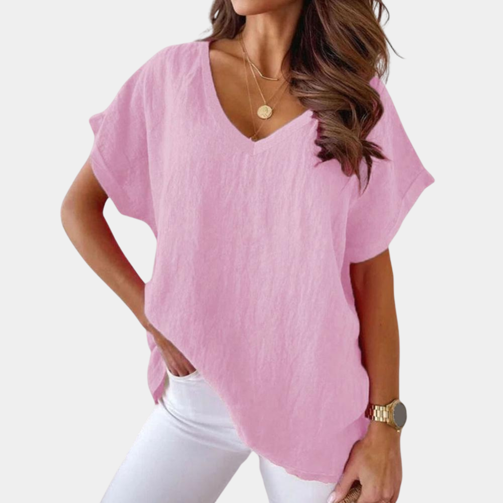 Nora | Zacht losvallend linnenmix zomer T-shirt voor dames met nonchalante V-hals