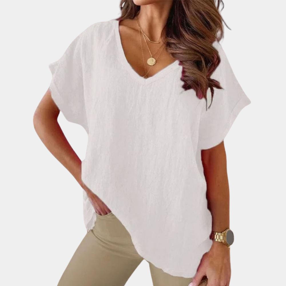 Nora | Zacht losvallend linnenmix zomer T-shirt voor dames met nonchalante V-hals