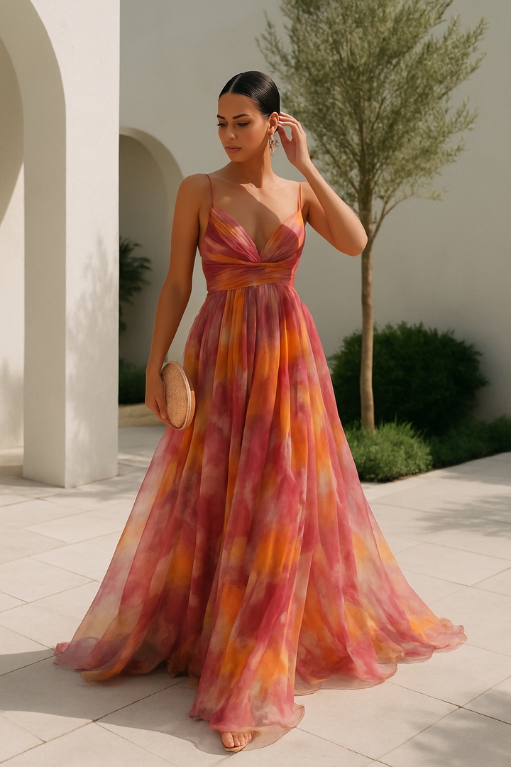 Zomerjurk met open rug, gedrapeerde taille en bloemenprint