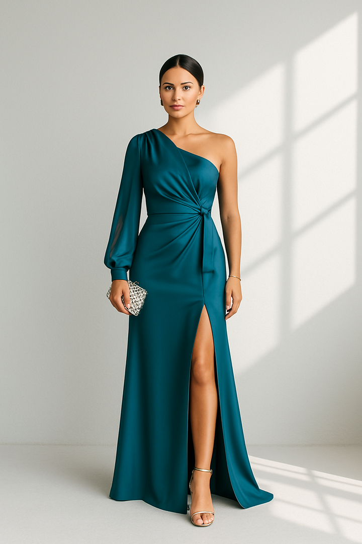 One-shoulder avondjurk met drapeeraccent en elegante split