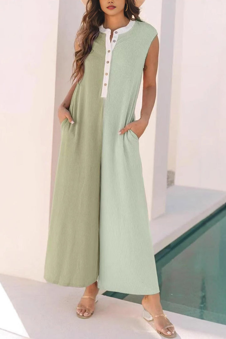 Lara – Mouwloze Jumpsuit met Contrastkleur en Wijde Pijpen
