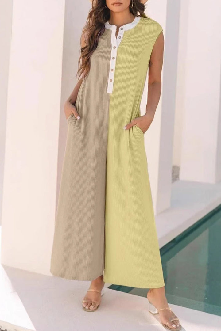 Lara – Mouwloze Jumpsuit met Contrastkleur en Wijde Pijpen