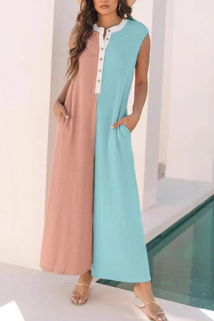 Lara – Mouwloze Jumpsuit met Contrastkleur en Wijde Pijpen