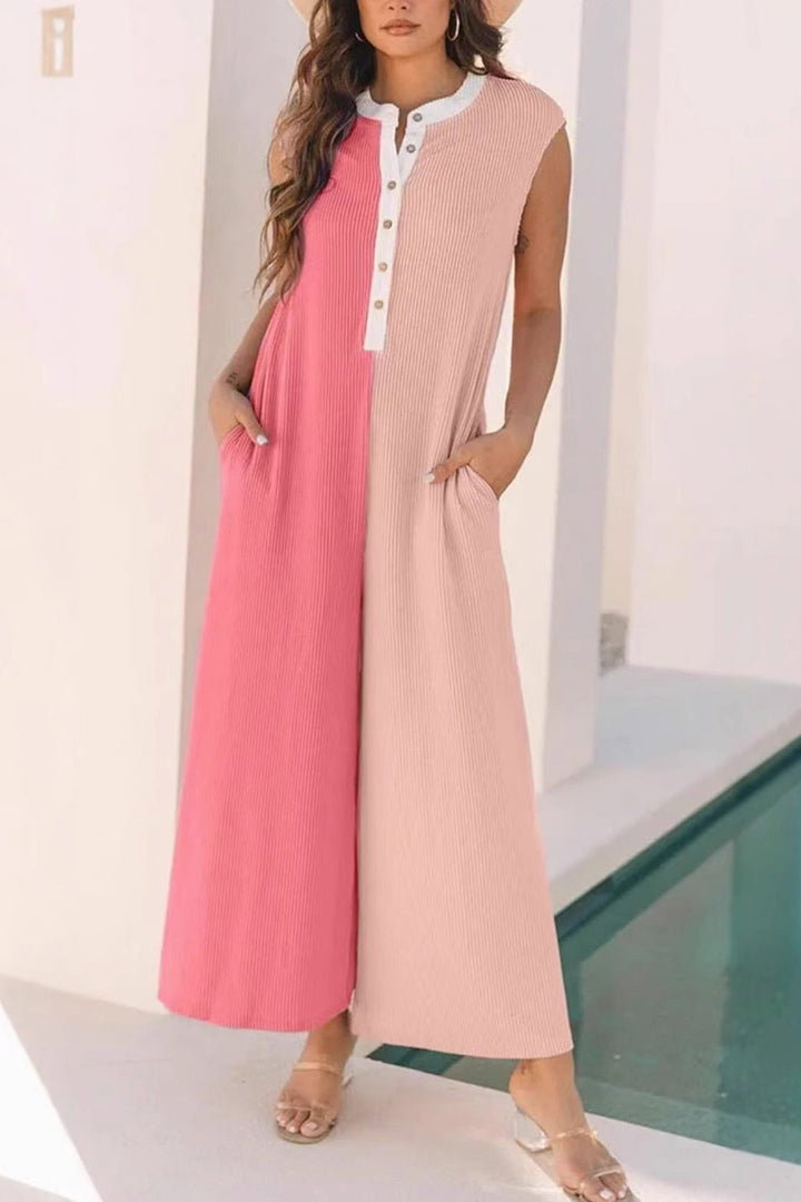 Lara – Mouwloze Jumpsuit met Contrastkleur en Wijde Pijpen
