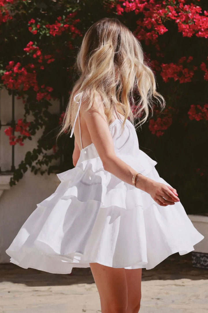 Linde – Katoenen Babydoll-jurk met Strikbandjes en Gelaagde Rok