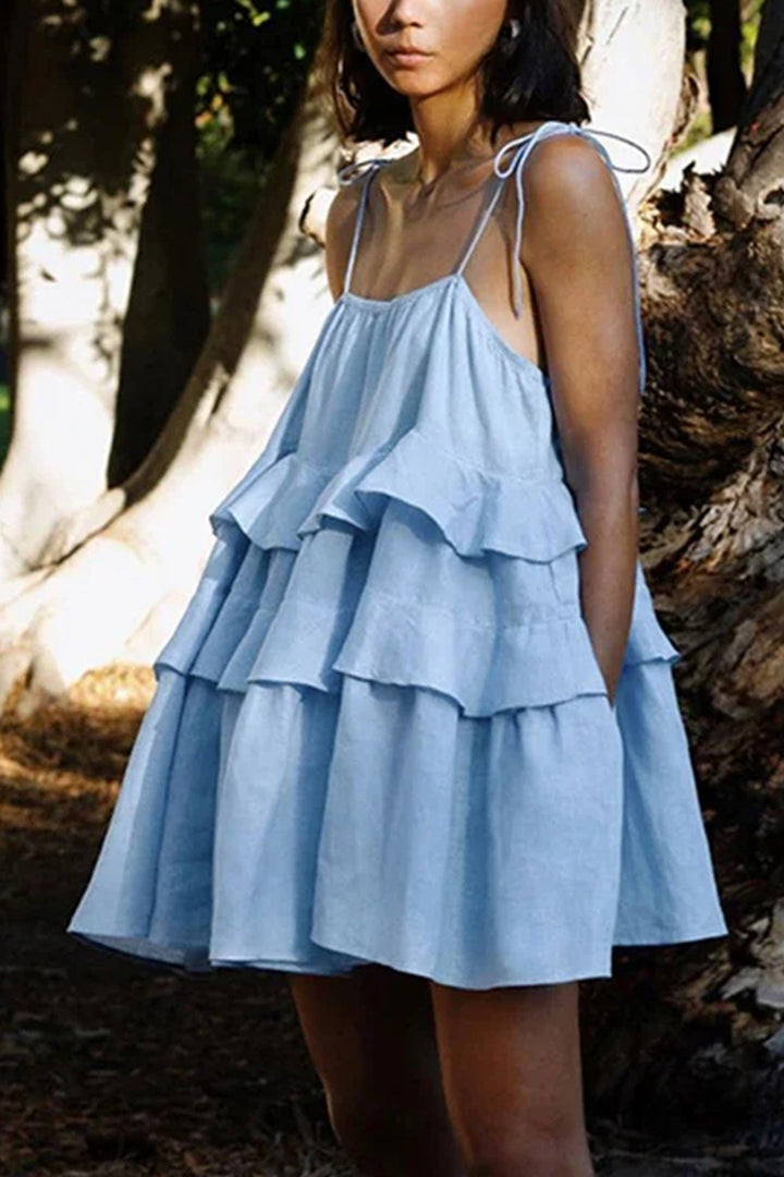 Linde – Katoenen Babydoll-jurk met Strikbandjes en Gelaagde Rok