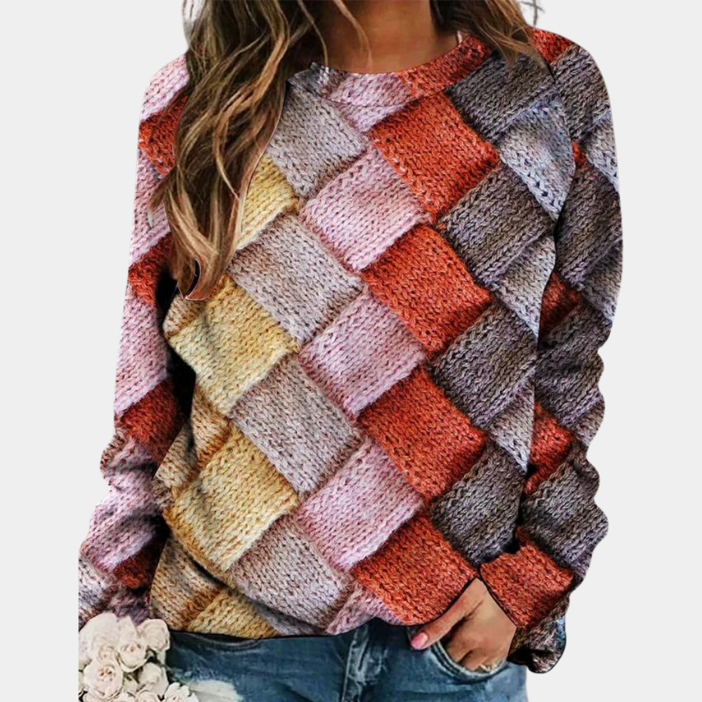 Liselot | Zachte ademende polyester herfsttrui voor dames met kleurrijke ruitprint