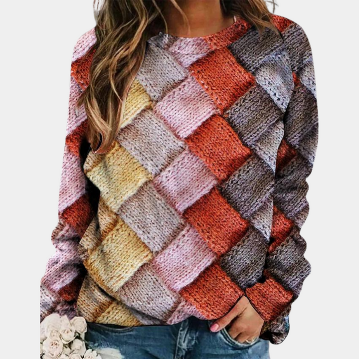 Liselot | Zachte ademende polyester herfsttrui voor dames met kleurrijke ruitprint