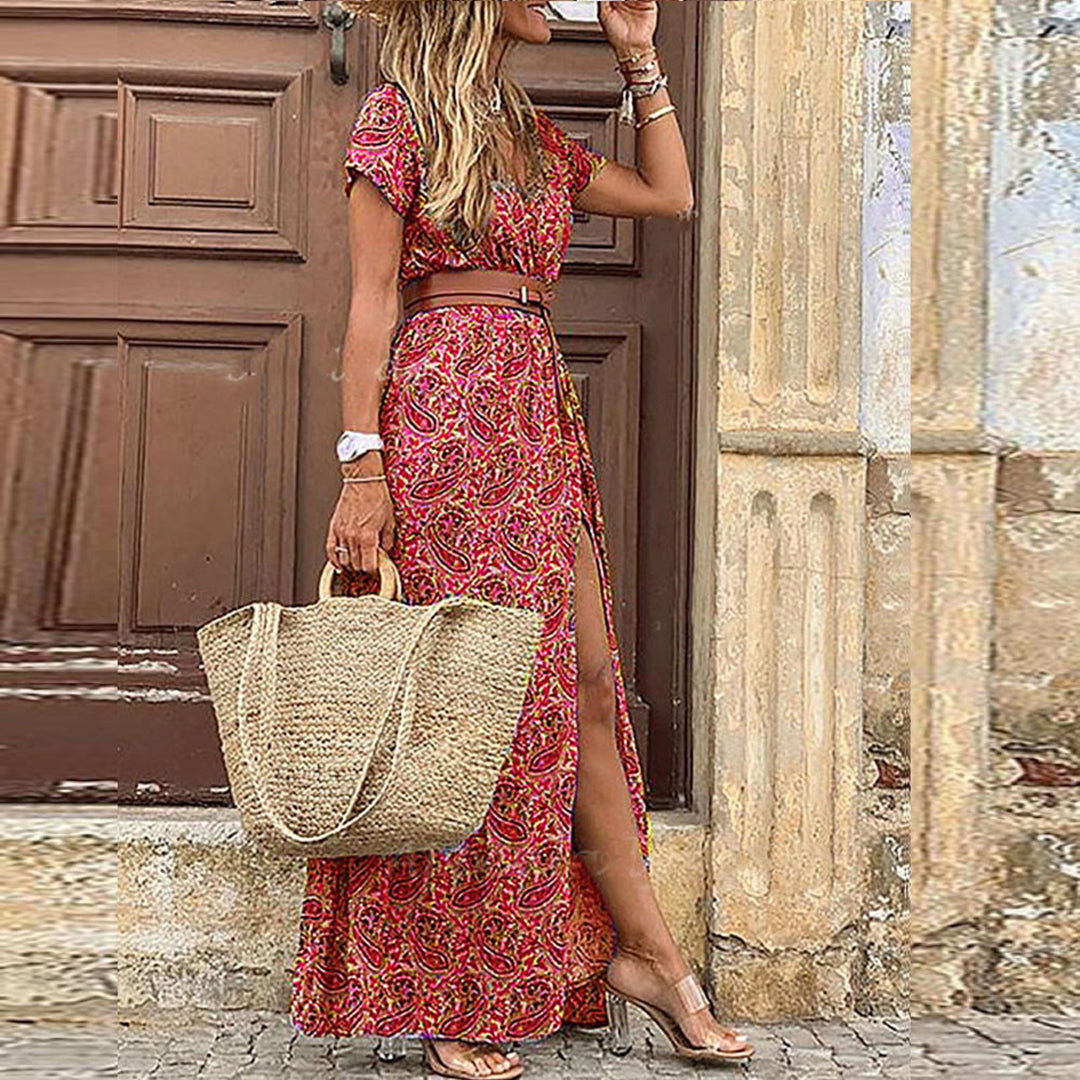 Boho maxi zomerjurk met V-hals en strikceintuur