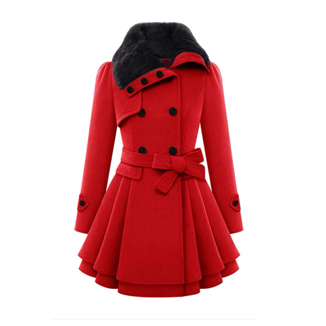 Sophie | Elegante warme wollen winterjas voor dames met ceintuur en imitatiebontkraag