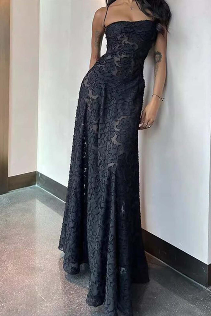 Lara – Mouwloze Maxi Jurk met Kant en Striksluiting Achter-