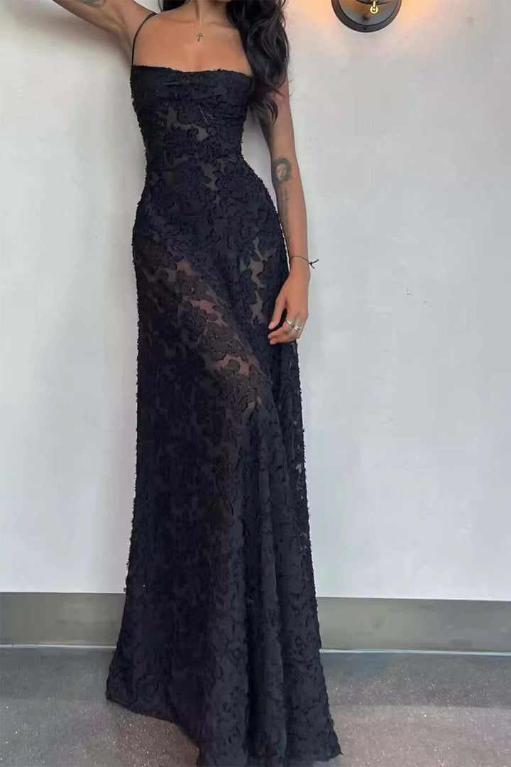Lara – Mouwloze Maxi Jurk met Kant en Striksluiting Achter-