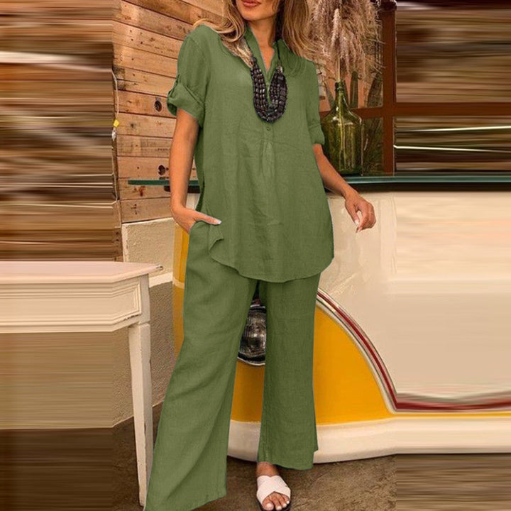 Sophie - Dames Blouse en Broek Set - Effen V-hals voor een Klassieke Look