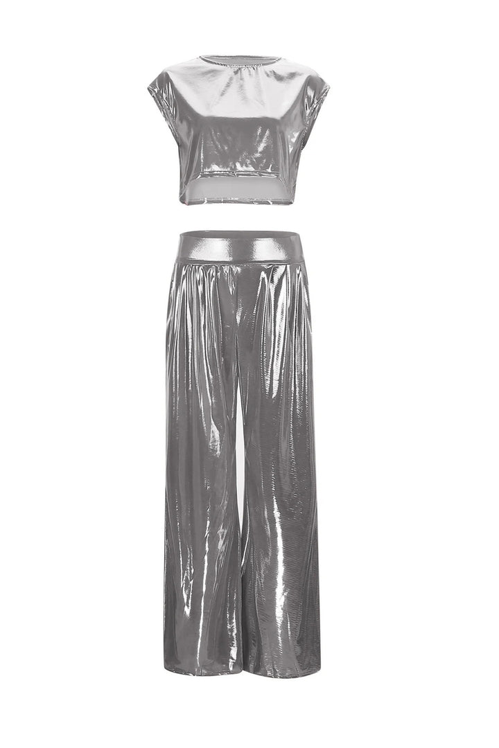 Loïs – Glanzende Set met Crop Top en Wijde Broek
