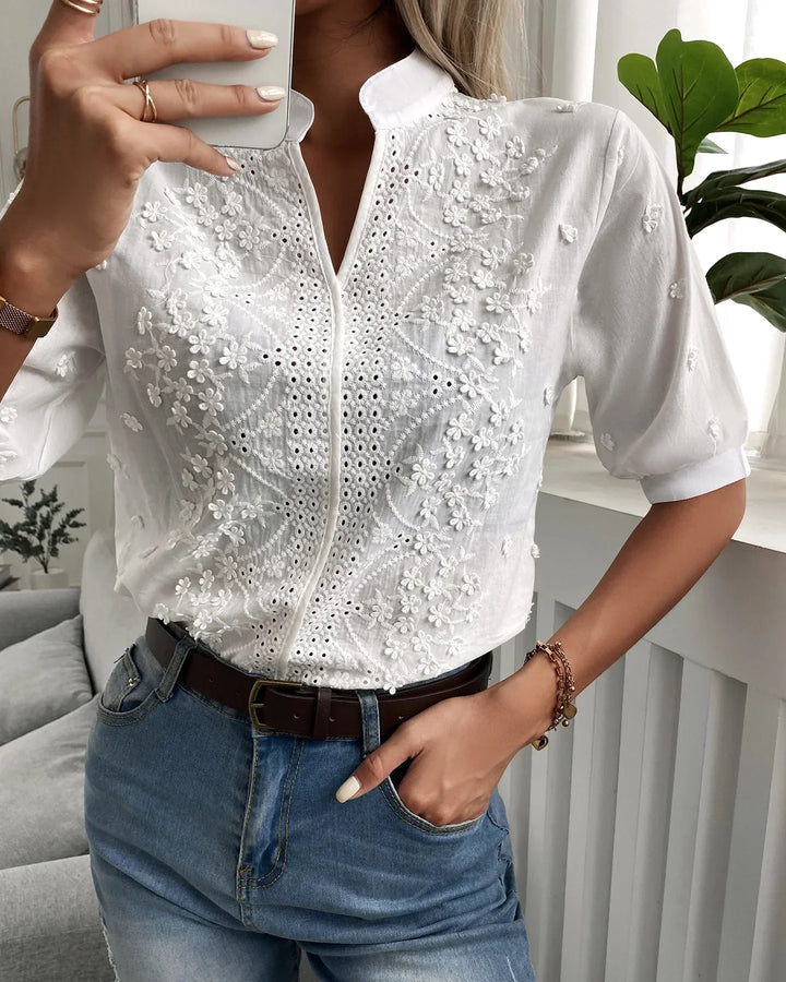 Celeste Dames Blouse – Zomerblouse van kant met korte mouwen en V-hals