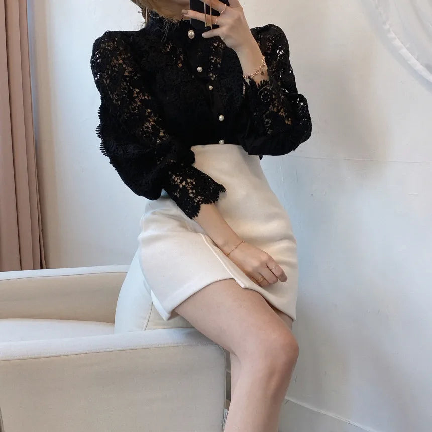 Alina Dames Kantblouse – Vintage-elegante blouse met holle mouwen en kraag