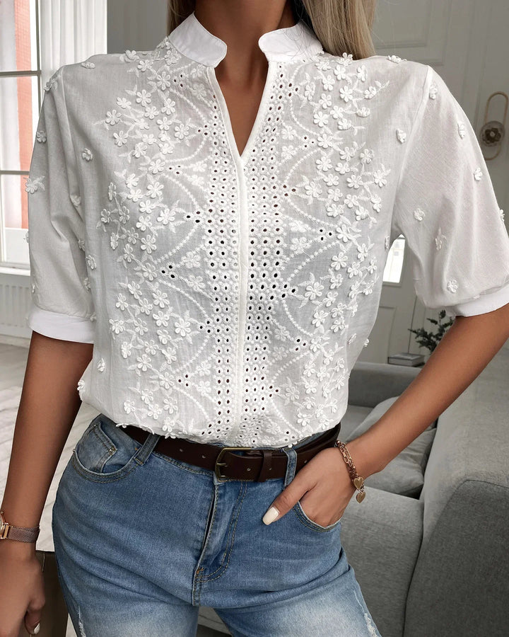 Celeste Dames Blouse – Zomerblouse van kant met korte mouwen en V-hals