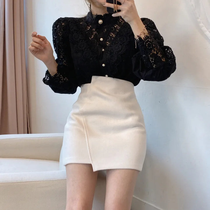 Alina Dames Kantblouse – Vintage-elegante blouse met holle mouwen en kraag