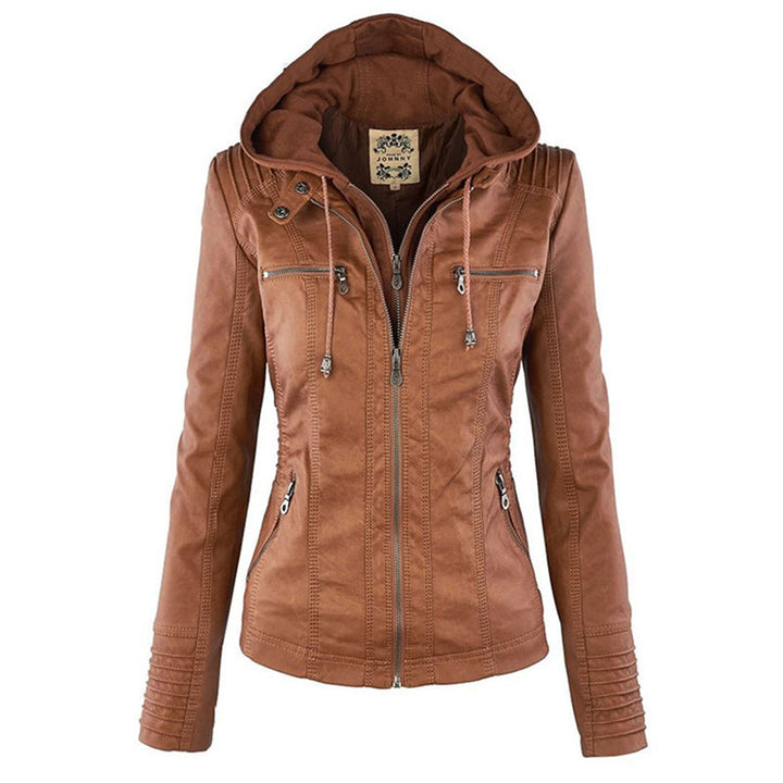 Yvette | Licht gevoerde PU leren herfstjas voor dames met afneembare capuchon en getailleerd bikerdesign