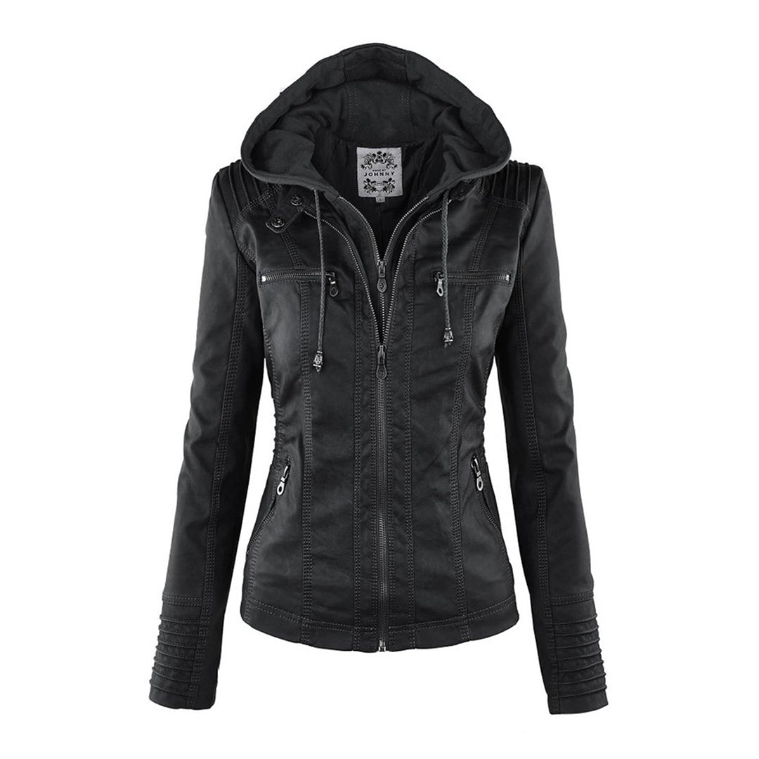 Yvette | Licht gevoerde PU leren herfstjas voor dames met afneembare capuchon en getailleerd bikerdesign