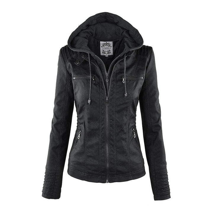 Yvette | Licht gevoerde PU leren herfstjas voor dames met afneembare capuchon en getailleerd bikerdesign