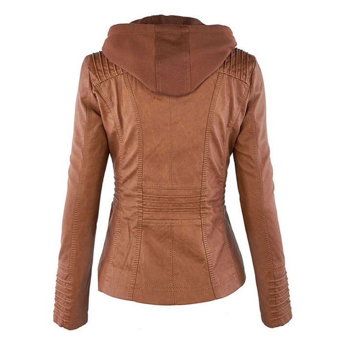 Yvette | Licht gevoerde PU leren herfstjas voor dames met afneembare capuchon en getailleerd bikerdesign