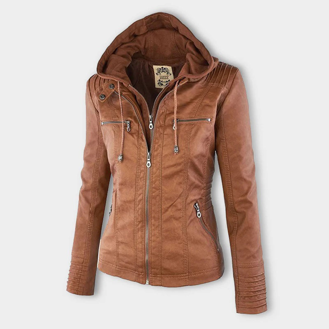 Yvette | Licht gevoerde PU leren herfstjas voor dames met afneembare capuchon en getailleerd bikerdesign