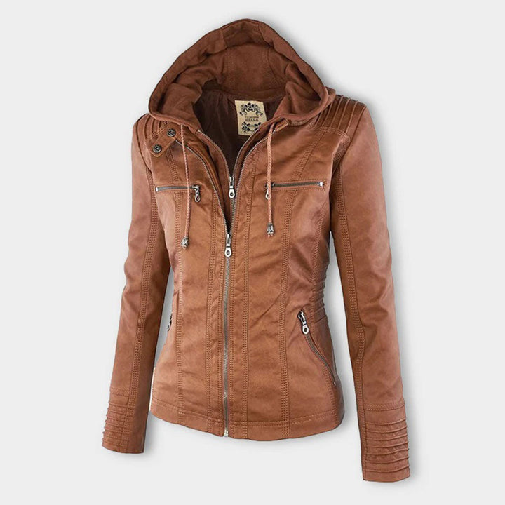 Yvette | Licht gevoerde PU leren herfstjas voor dames met afneembare capuchon en getailleerd bikerdesign