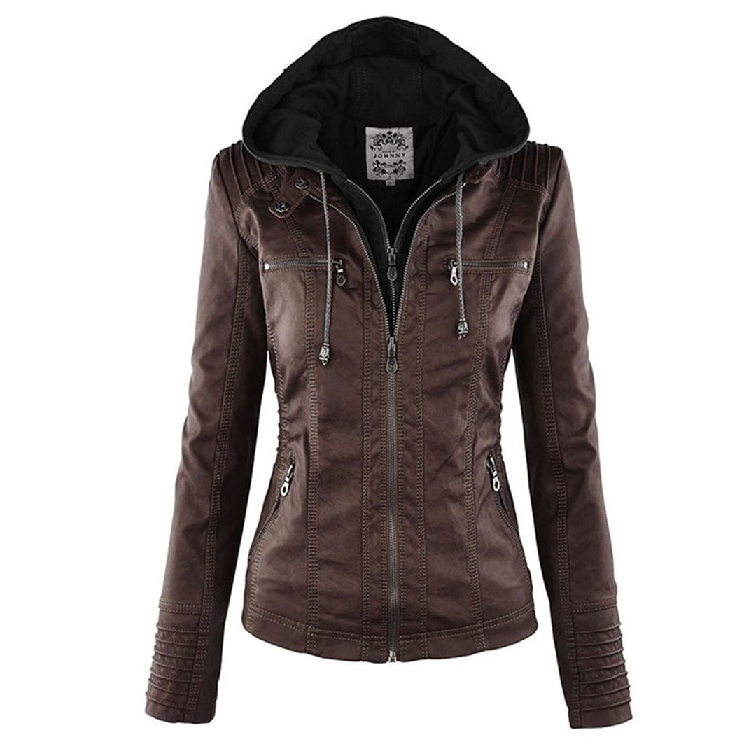 Yvette | Licht gevoerde PU leren herfstjas voor dames met afneembare capuchon en getailleerd bikerdesign