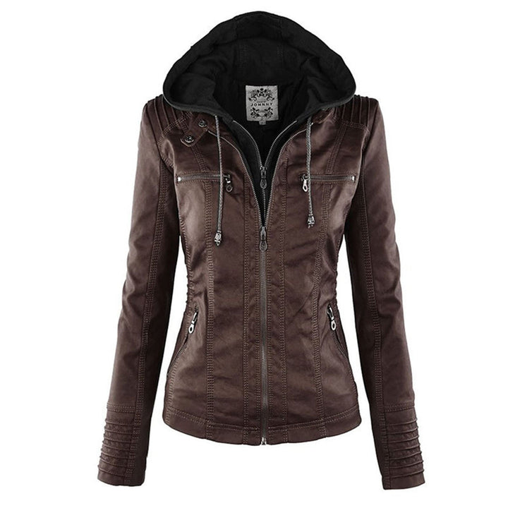 Yvette | Licht gevoerde PU leren herfstjas voor dames met afneembare capuchon en getailleerd bikerdesign