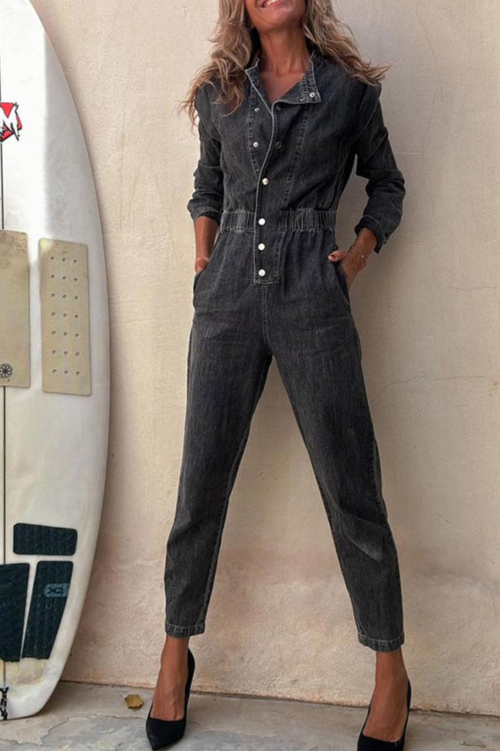 Mirthe – Denim Jumpsuit met Knoopsluiting en Elastische Taille
