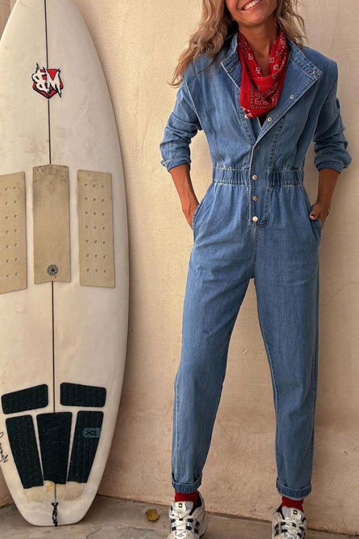 Mirthe – Denim Jumpsuit met Knoopsluiting en Elastische Taille