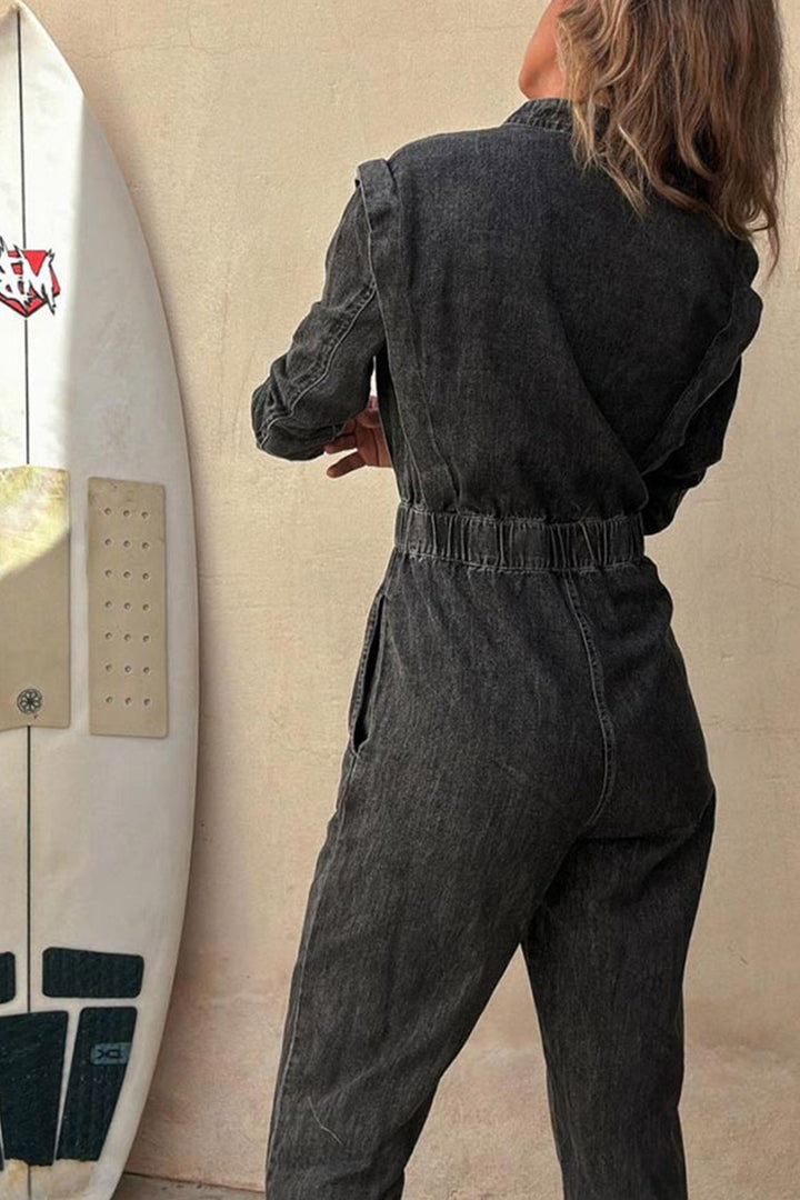 Mirthe – Denim Jumpsuit met Knoopsluiting en Elastische Taille