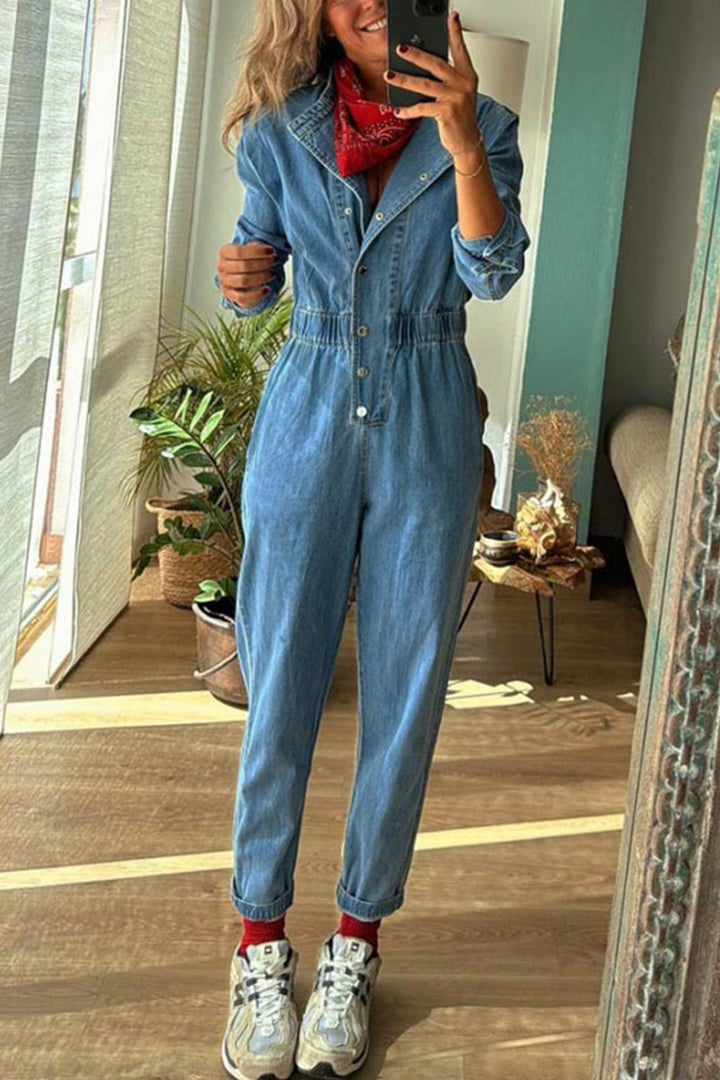 Mirthe – Denim Jumpsuit met Knoopsluiting en Elastische Taille
