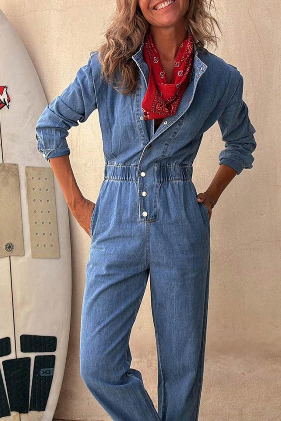 Mirthe – Denim Jumpsuit met Knoopsluiting en Elastische Taille