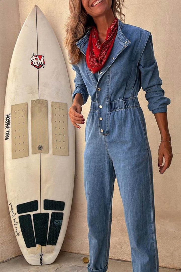 Mirthe – Denim Jumpsuit met Knoopsluiting en Elastische Taille