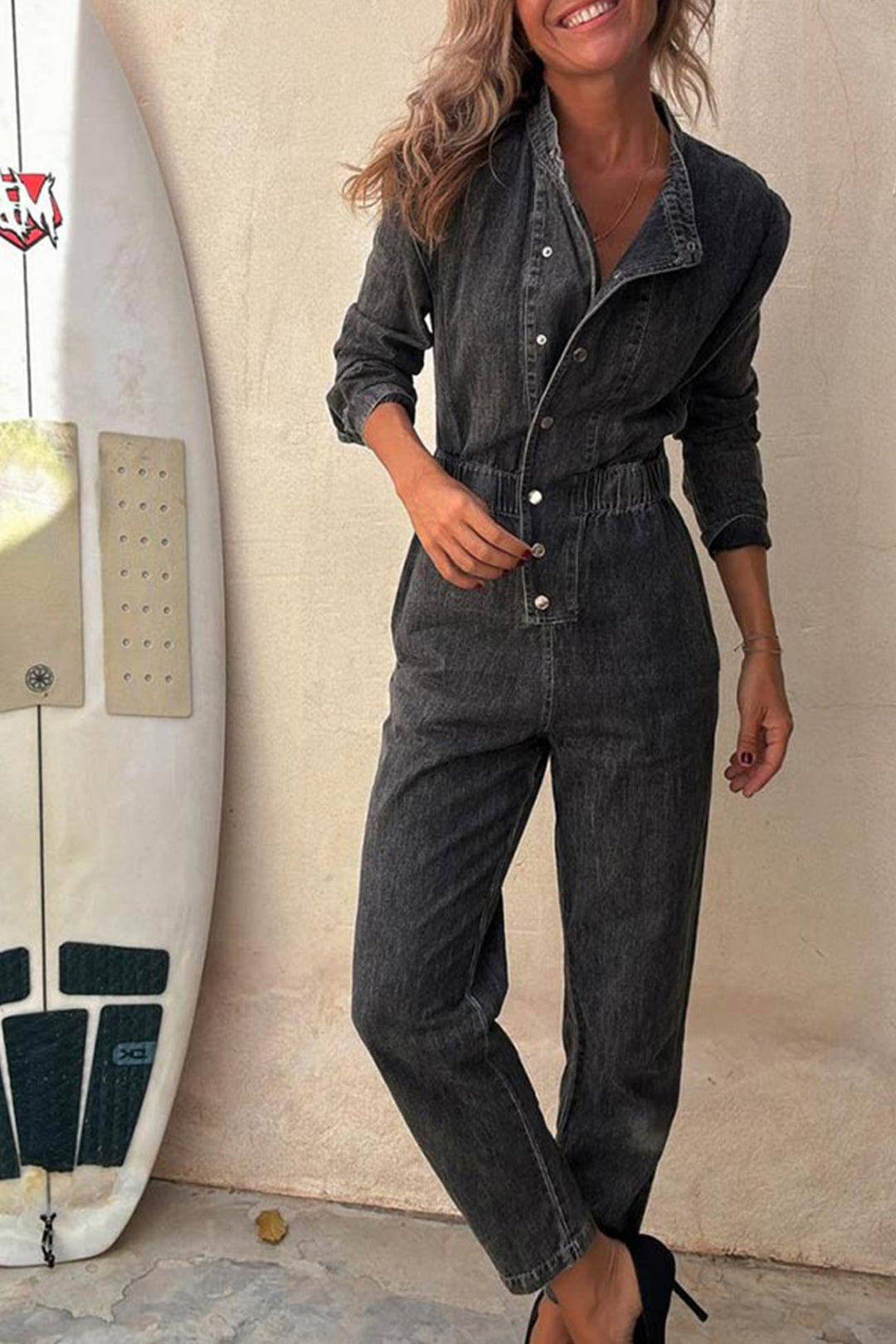 Mirthe – Denim Jumpsuit met Knoopsluiting en Elastische Taille