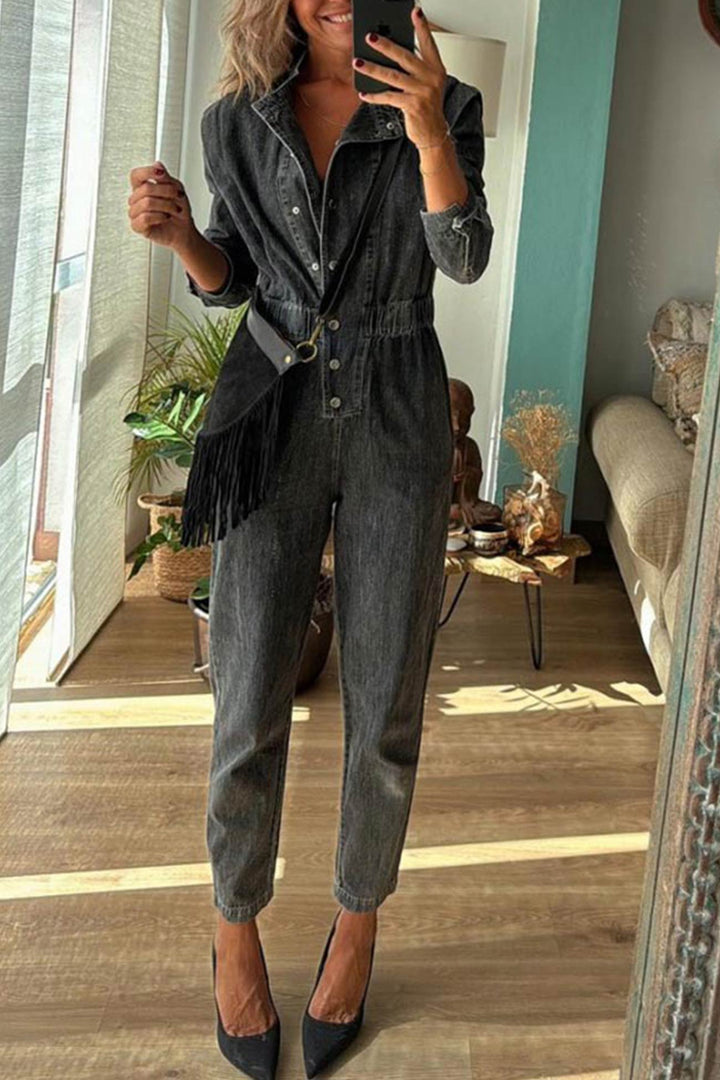 Mirthe – Denim Jumpsuit met Knoopsluiting en Elastische Taille
