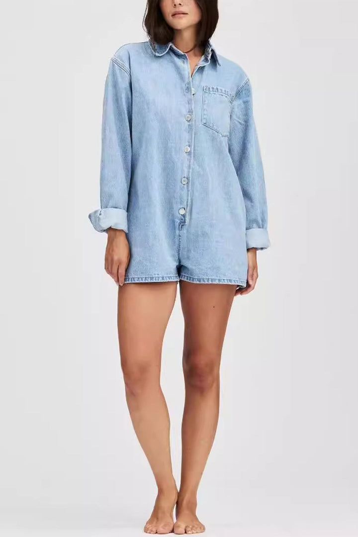 Mare – Denim Romper met Lange Mouwen en Knoopsluiting