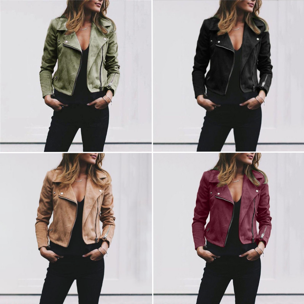 Freya | Stoere ademende suèdine herfstjas voor vrouwen met bikerstijl afwerking